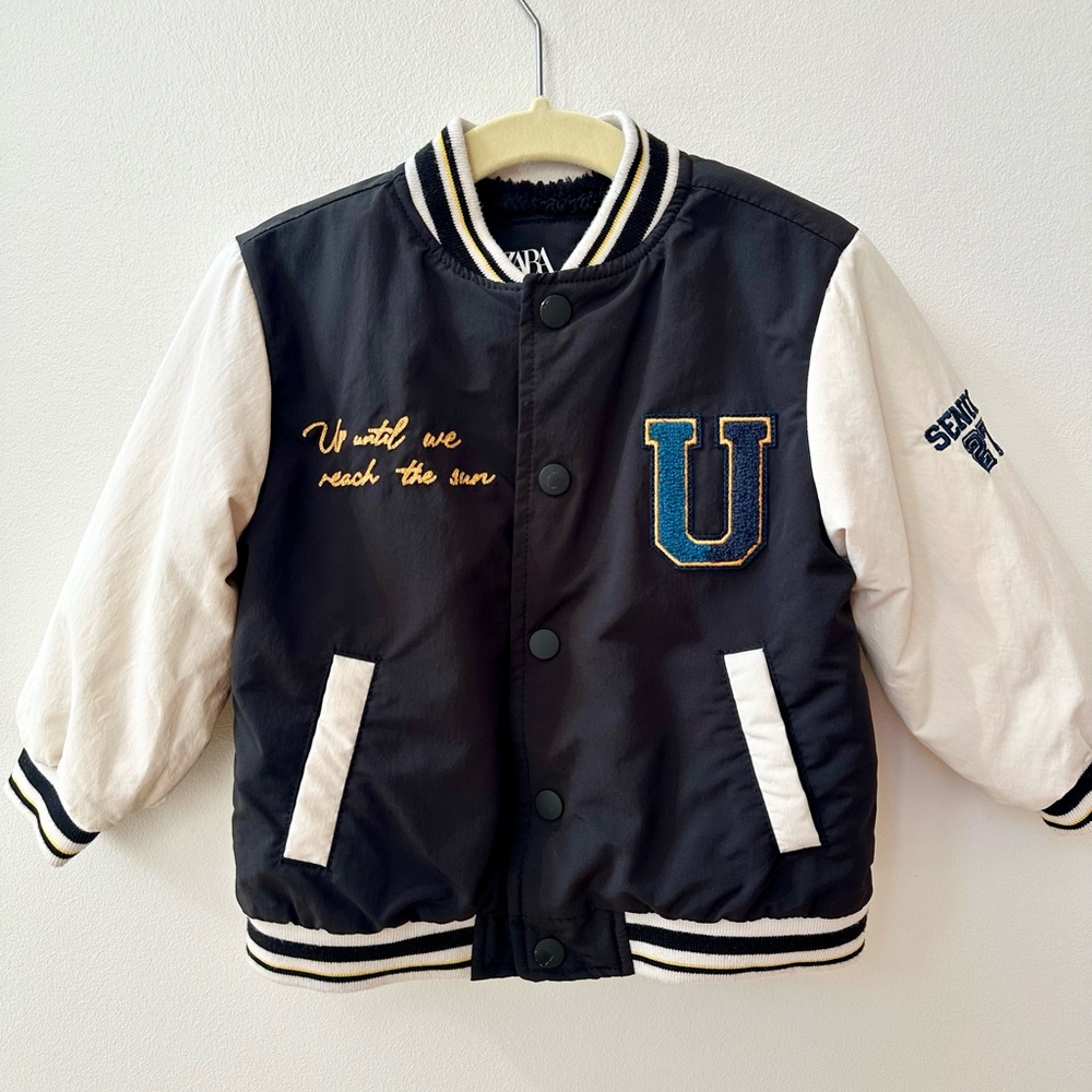 Zara Varsity Bomber Jacket Black/Off white 9-12m  Infant Baby boys